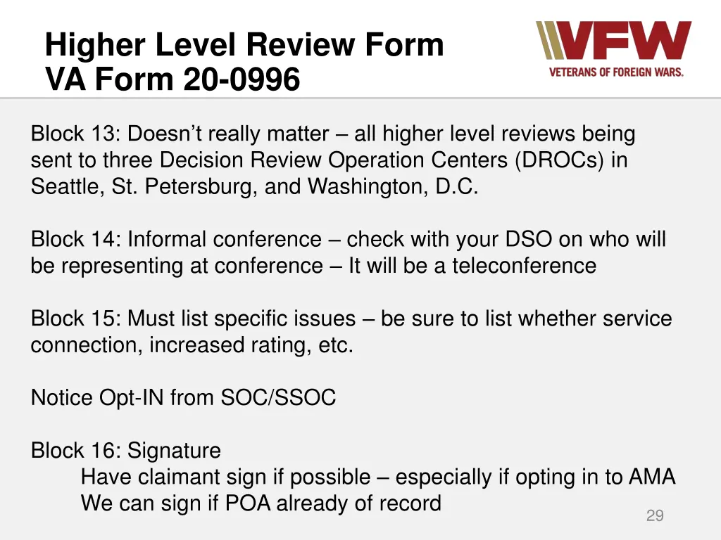 higher level review form va form 20 0996