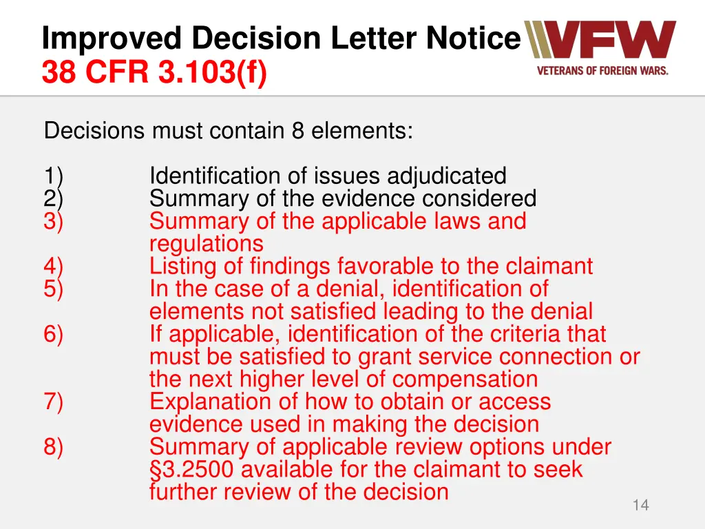 improved decision letter notice 38 cfr 3 103 f