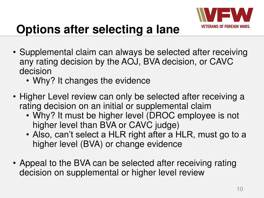 options after selecting a lane