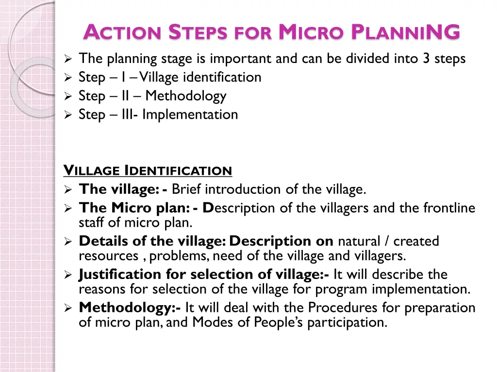 a ction s teps for m icro p lanni ng the planning