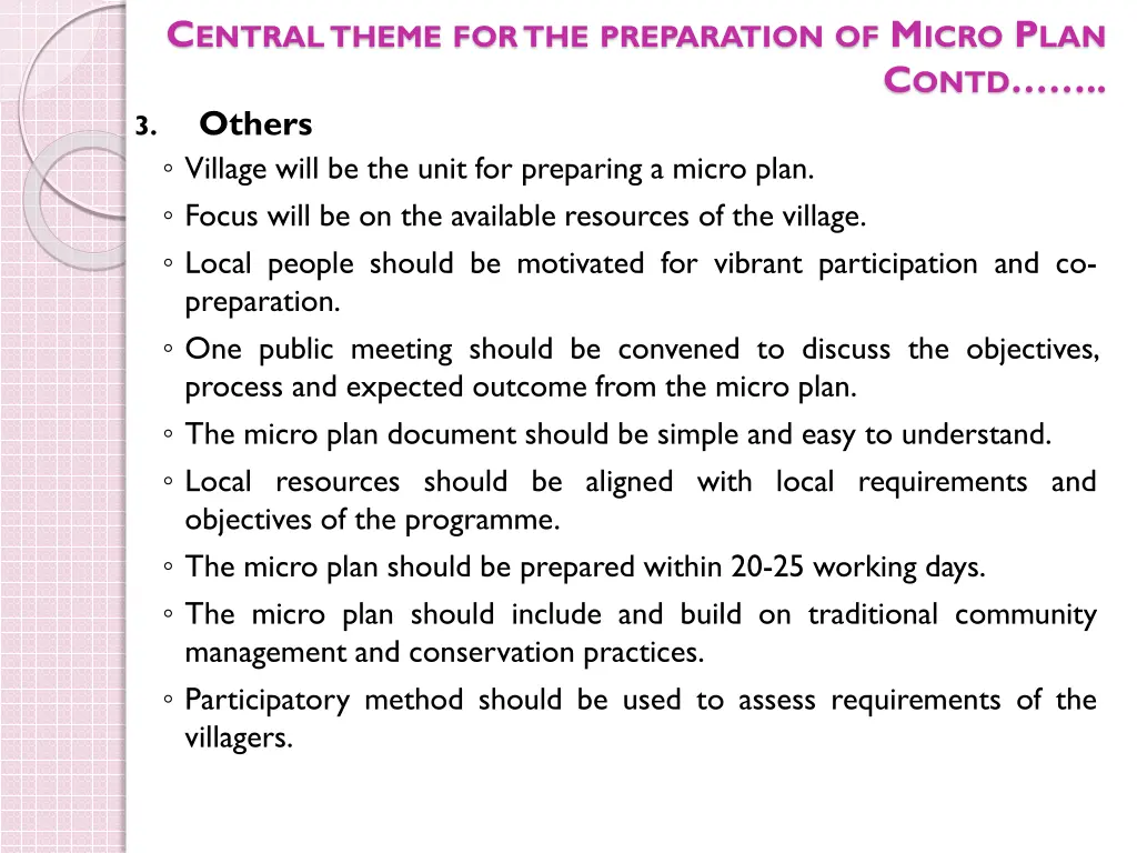 c entraltheme forthe preparation of m icro p lan 1