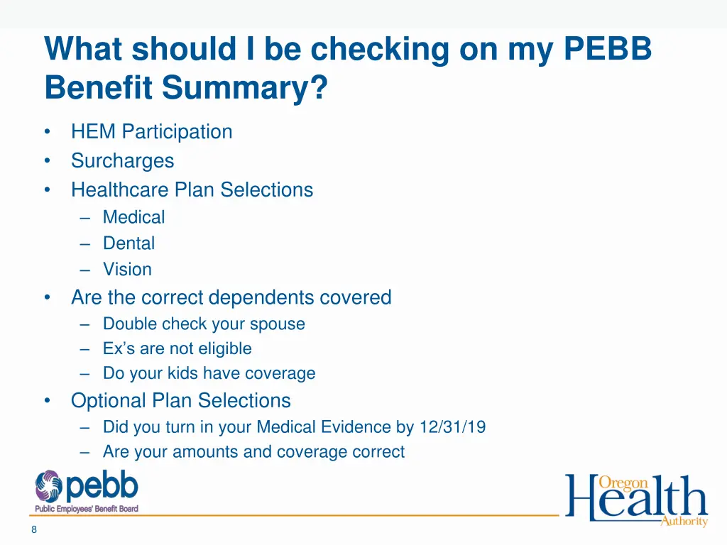 what should i be checking on my pebb benefit