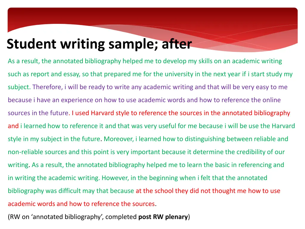 student writing sample after