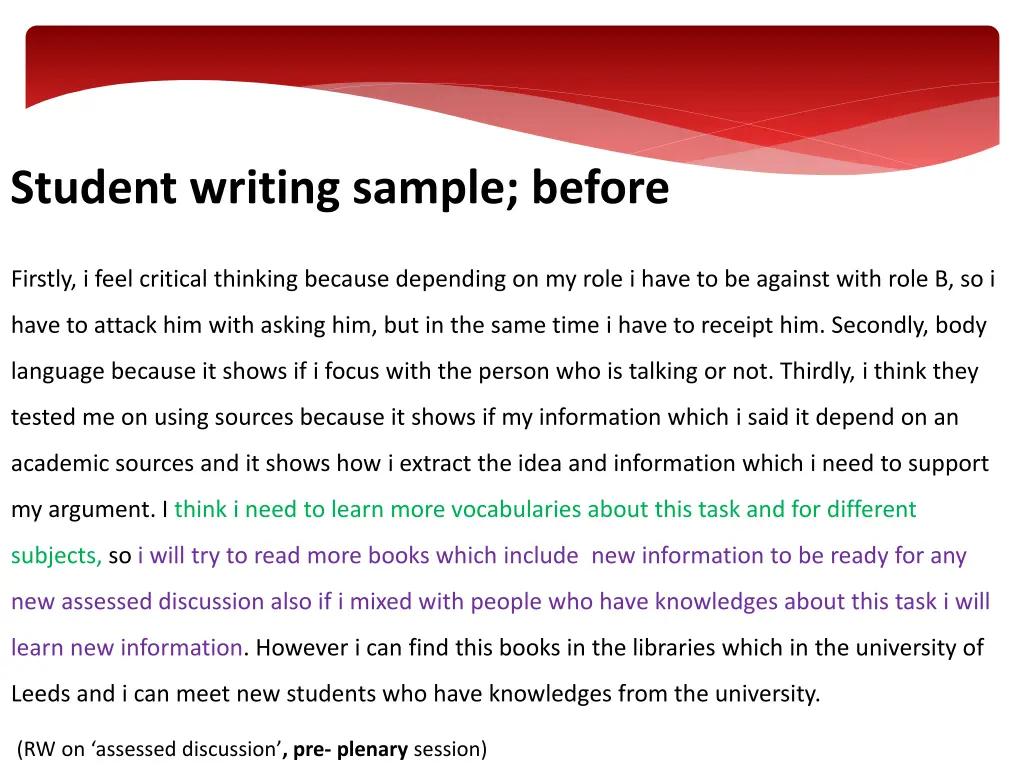 student writing sample before