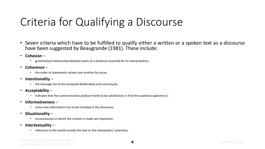 criteria for qualifying a discourse