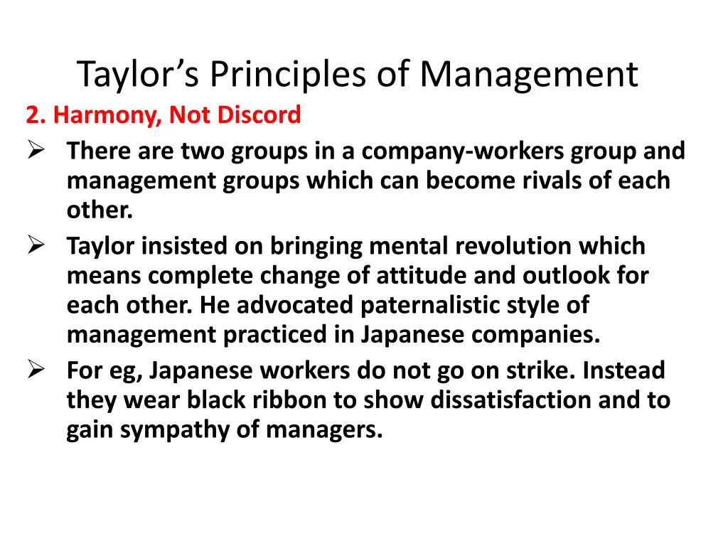 taylor s principles of management 2 harmony