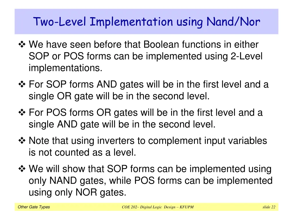 two level implementation using nand nor