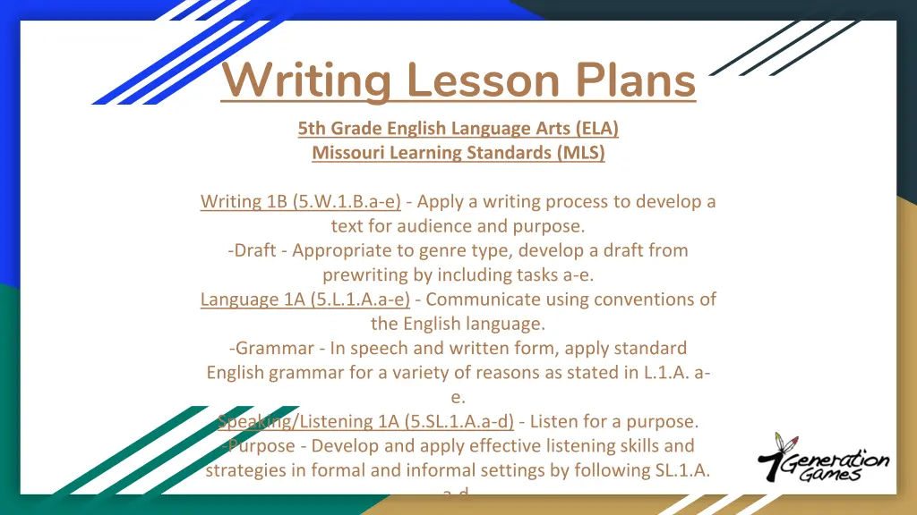 writing lesson plans 5th grade english language 1