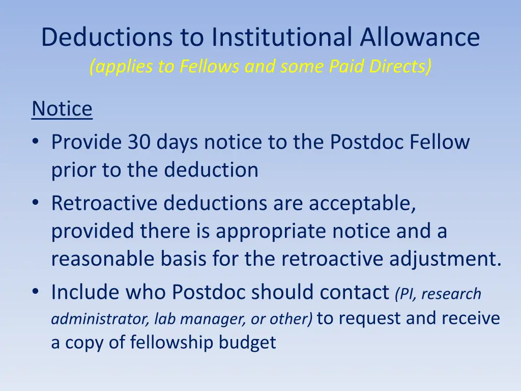 deductions to institutional allowance applies