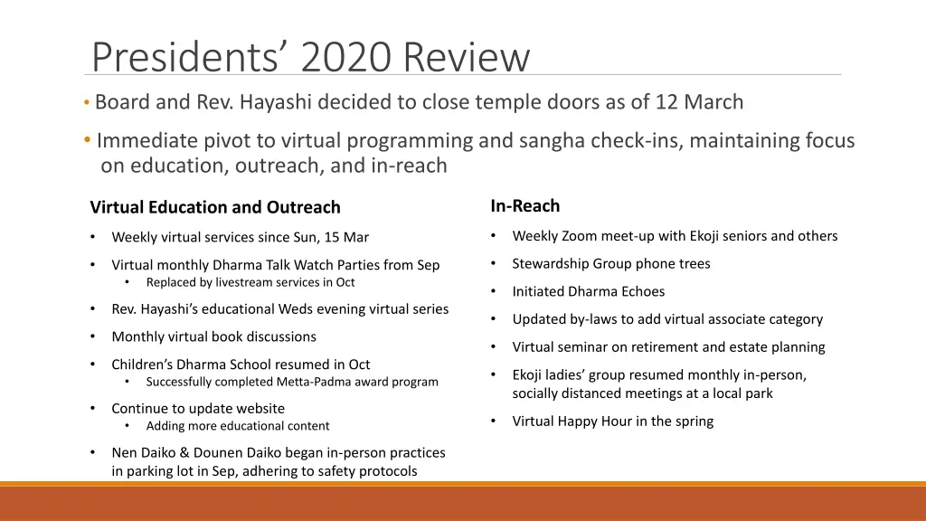 presidents 2020 review board and rev hayashi