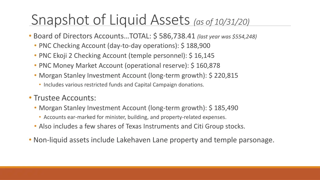 snapshot of liquid assets as of 10 31 20 board