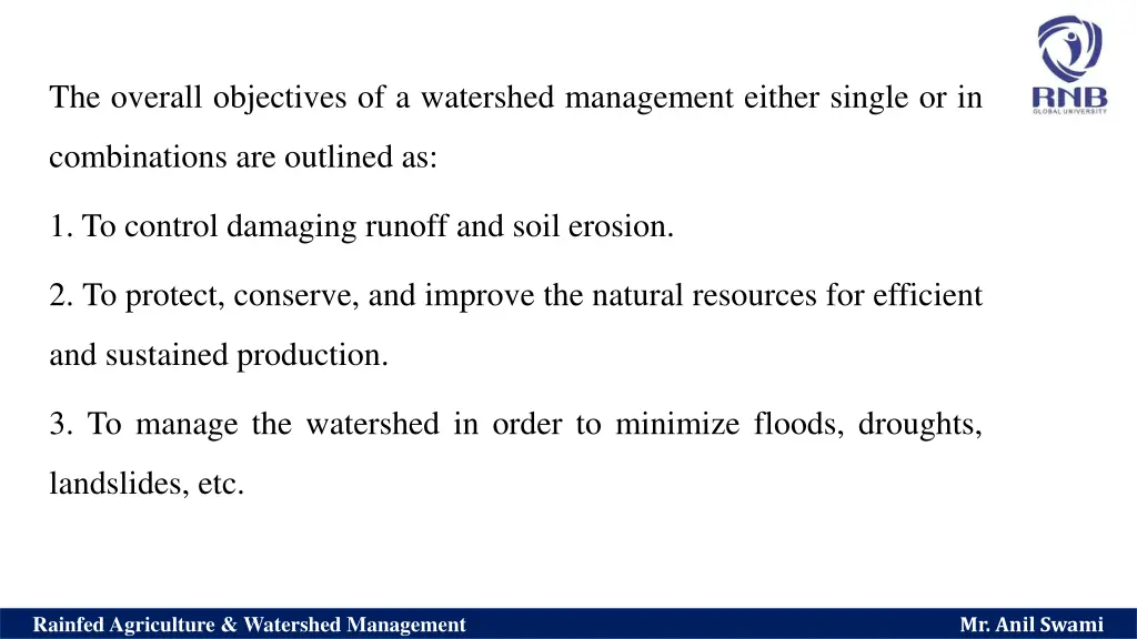 the overall objectives of a watershed management