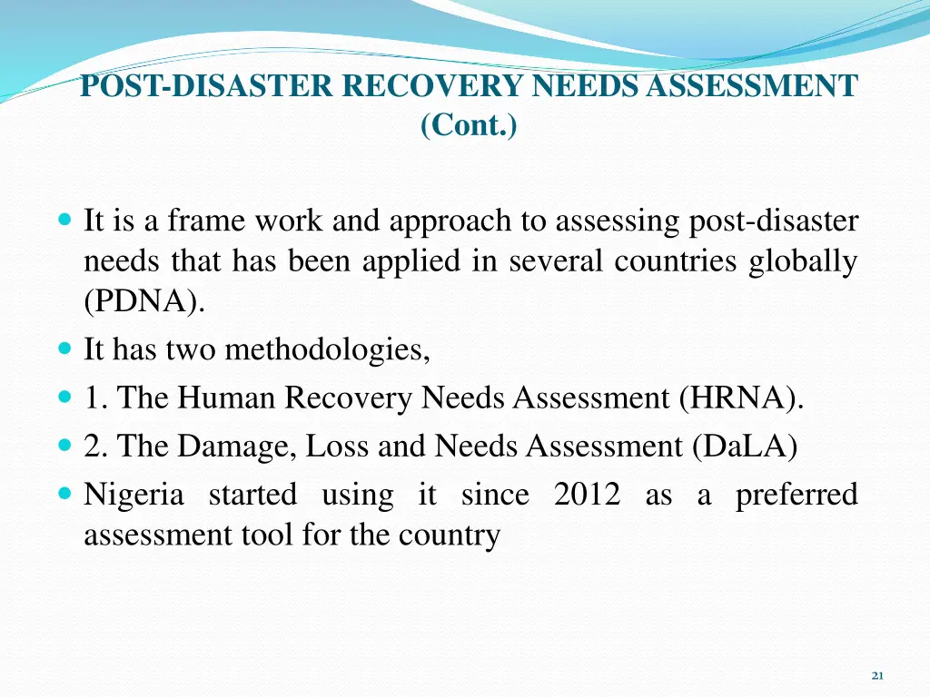 post disaster recovery needs assessment cont