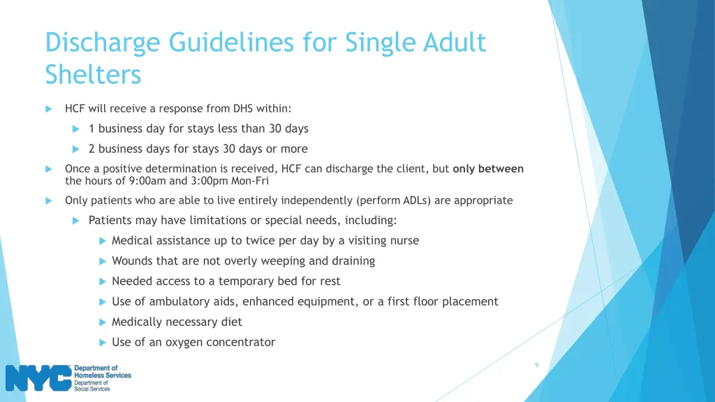 discharge guidelines for single adult shelters