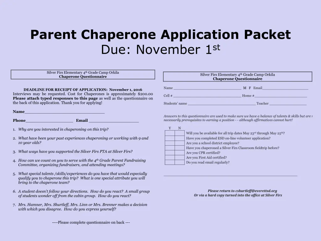 parent chaperone application packet due november