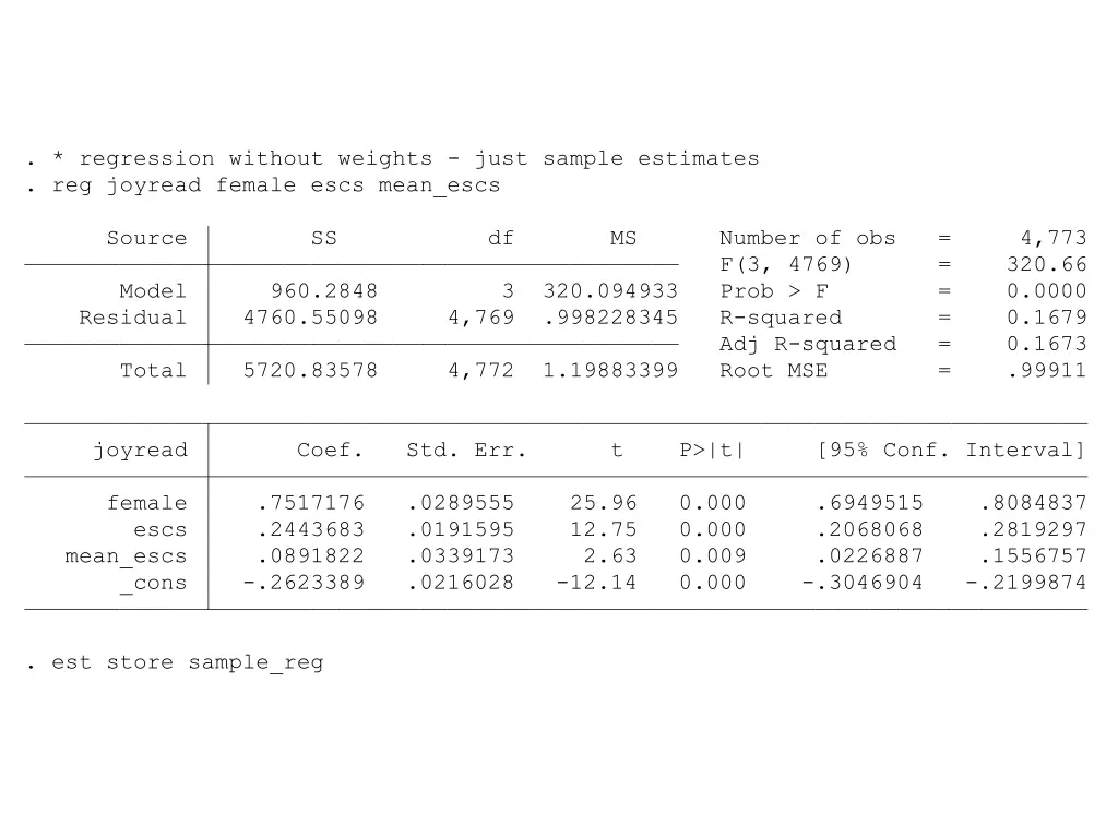 regression without weights just sample estimates