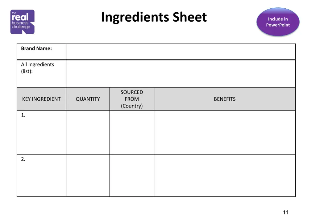 ingredients sheet