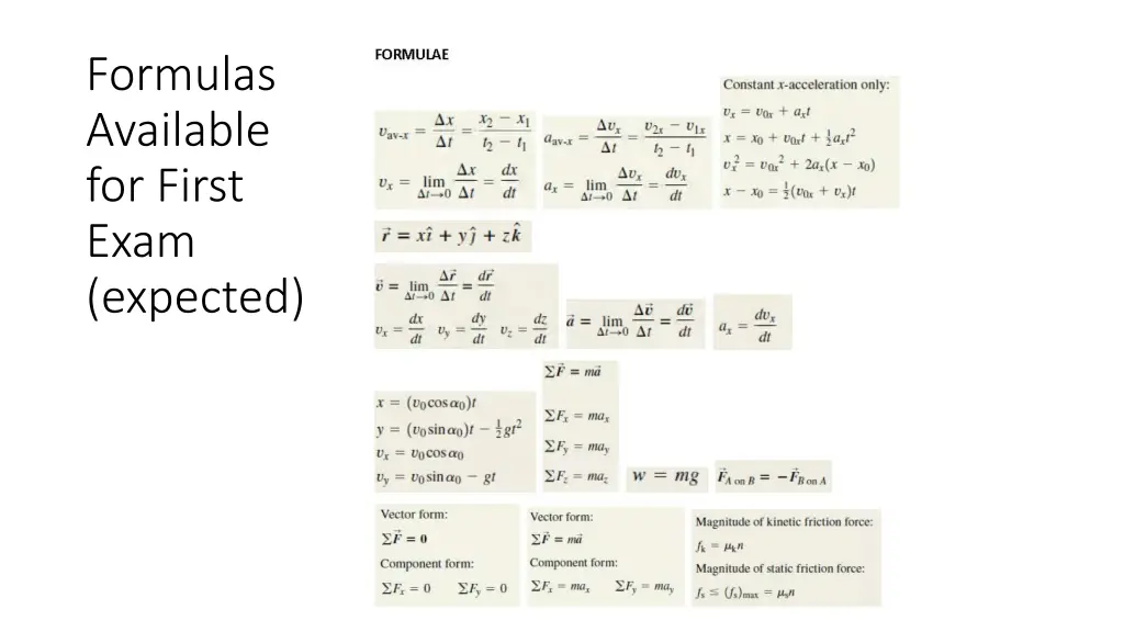 formulas available for first exam expected