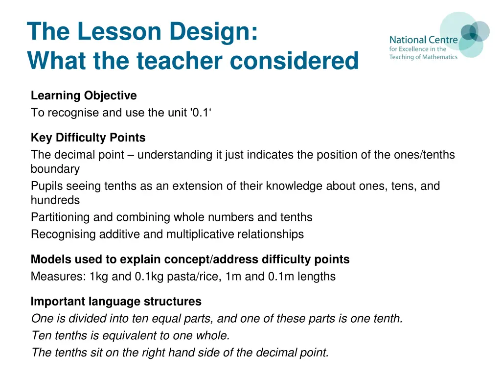 the lesson design what the teacher considered