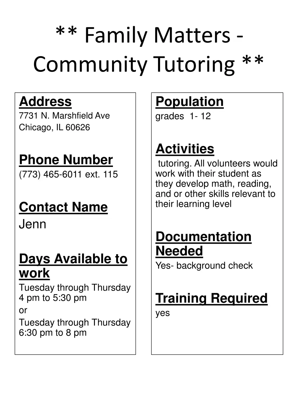 family matters community tutoring