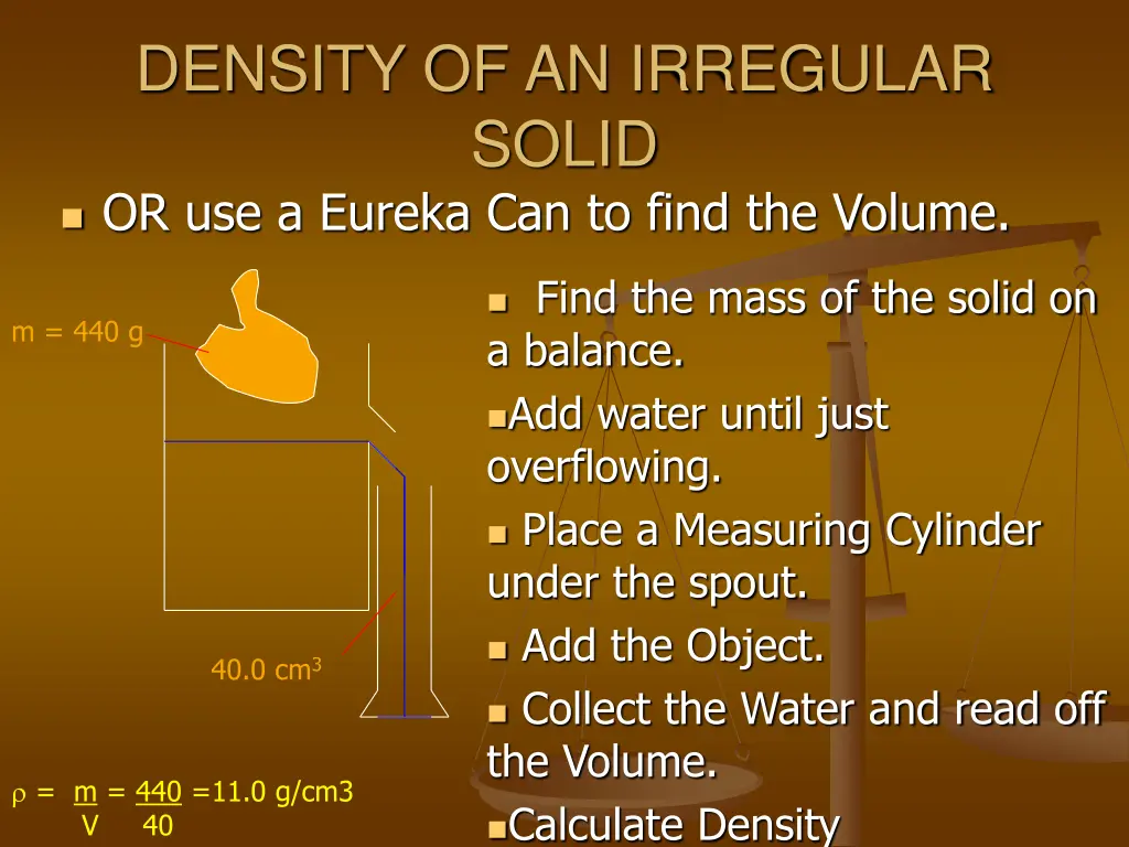 density of an irregular solid or use a eureka