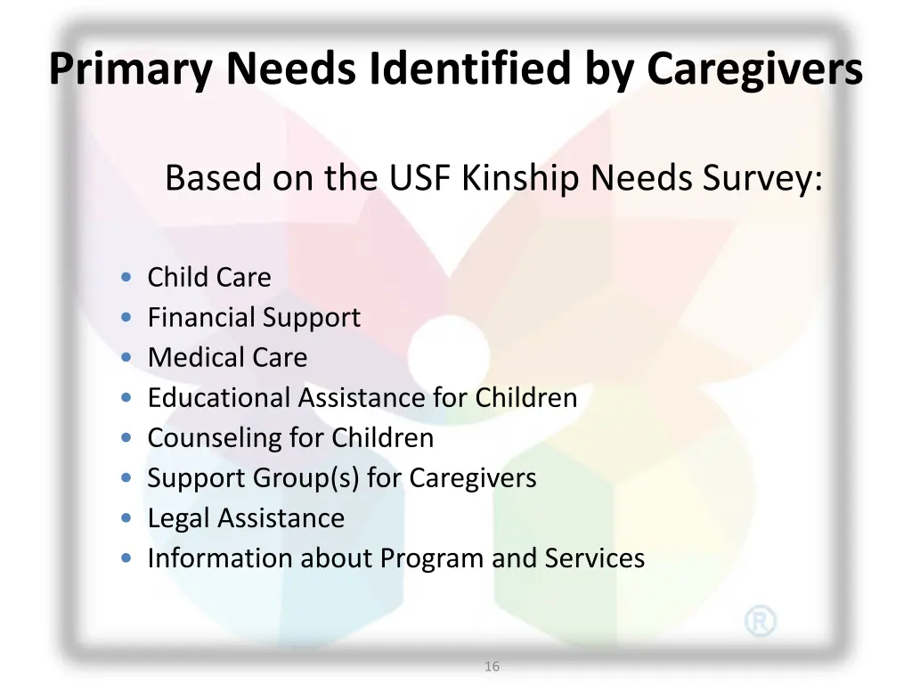 primary needs identified by caregivers