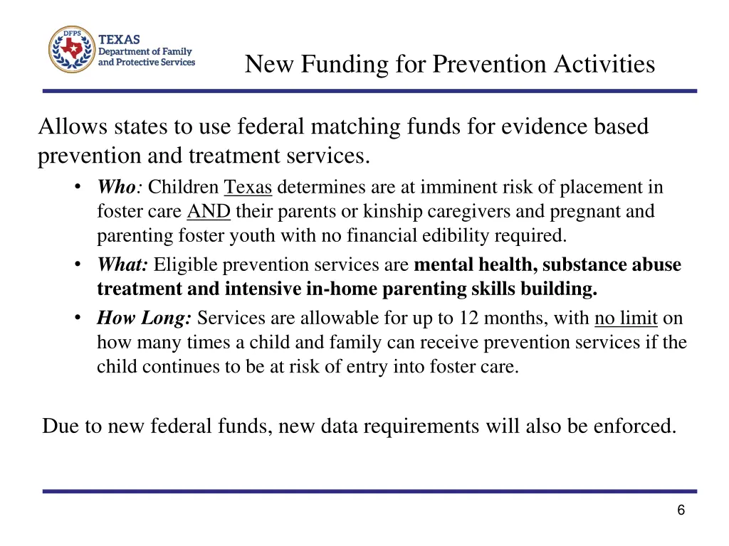 new funding for prevention activities