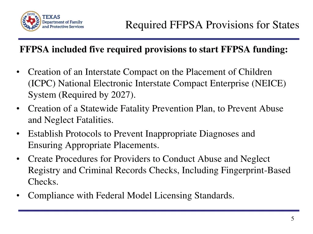 required ffpsa provisions for states