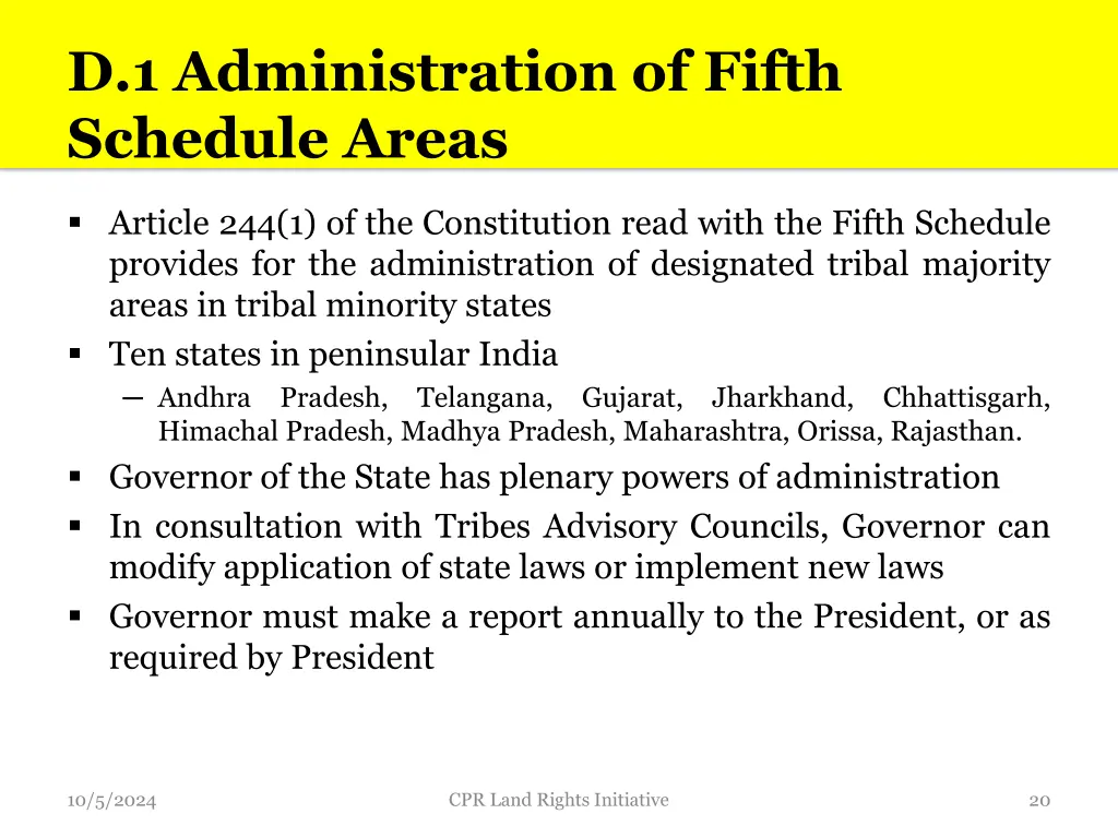 d 1 administration of fifth schedule areas