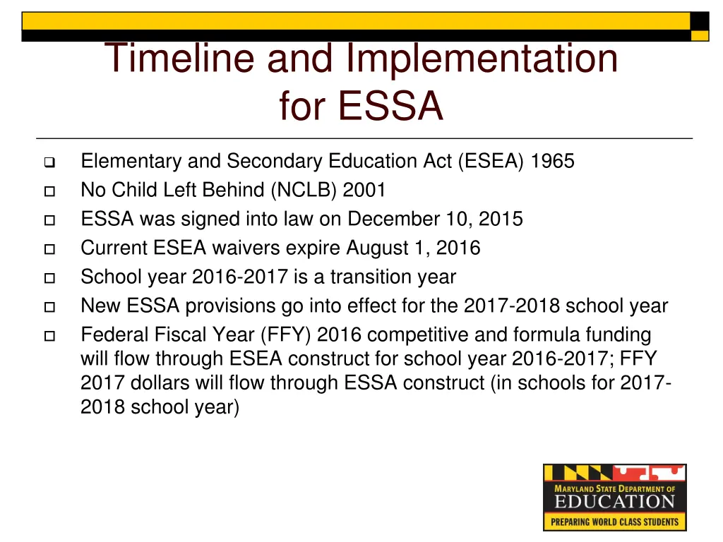 timeline and implementation for essa