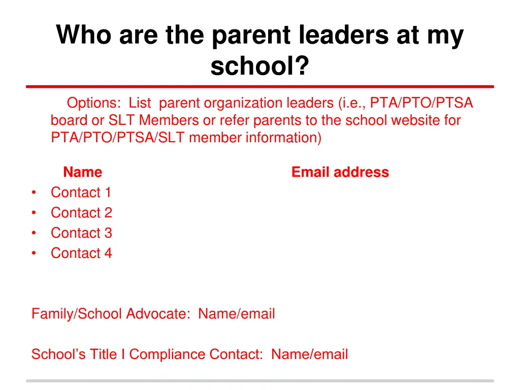 who are the parent leaders at my school