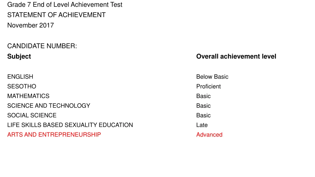 grade 7 end of level achievement test statement