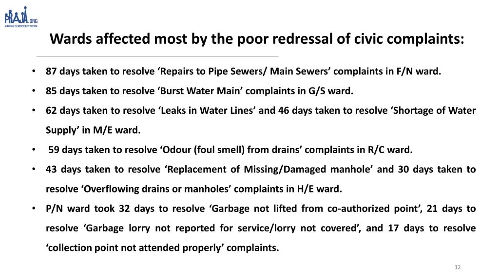 wards affected most by the poor redressal