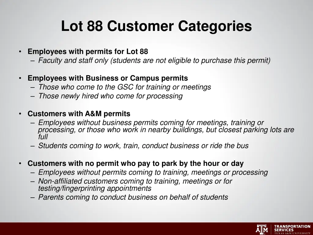 lot 88 customer categories