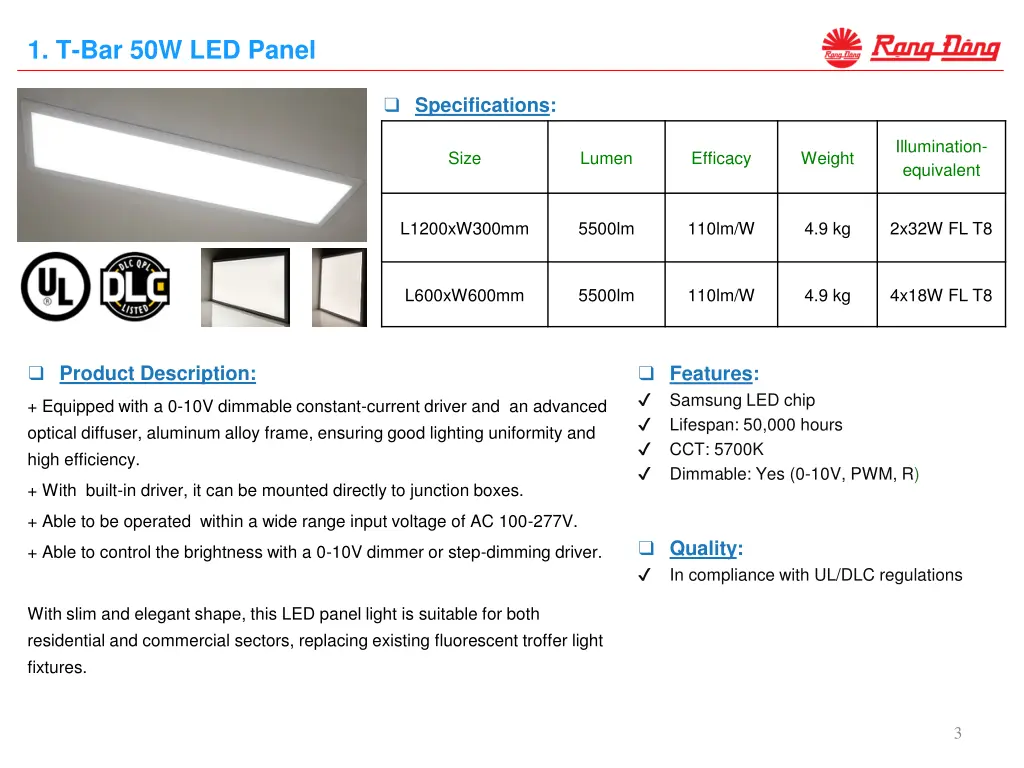 1 t bar 50w led panel