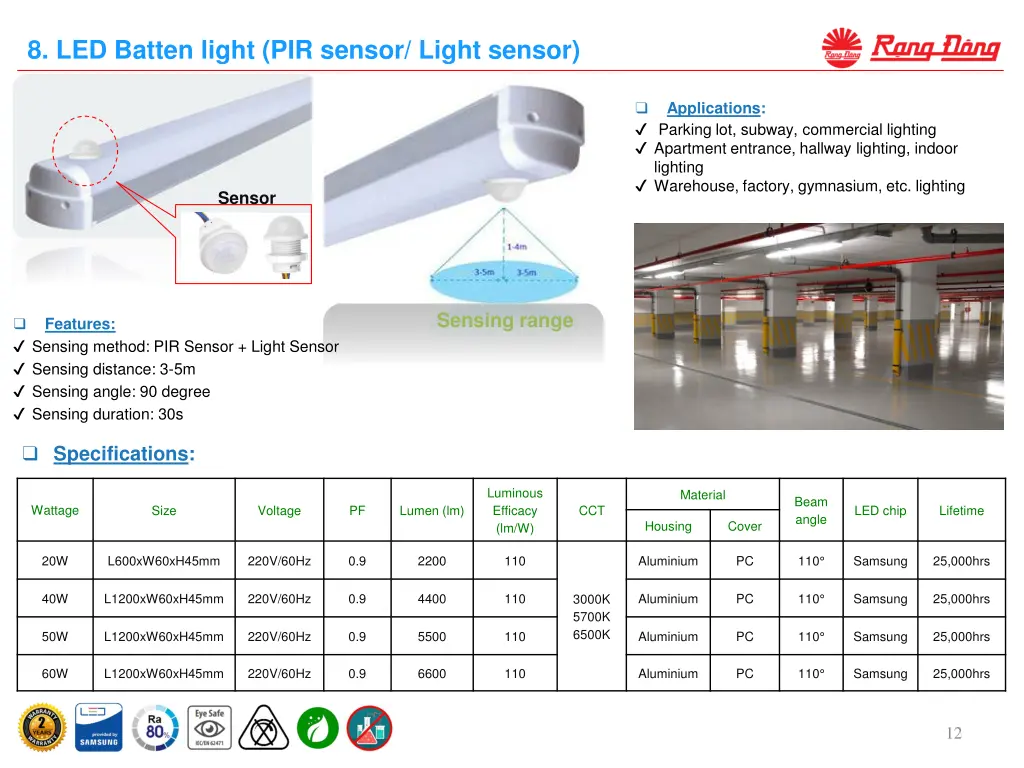 8 led batten light pir sensor light sensor