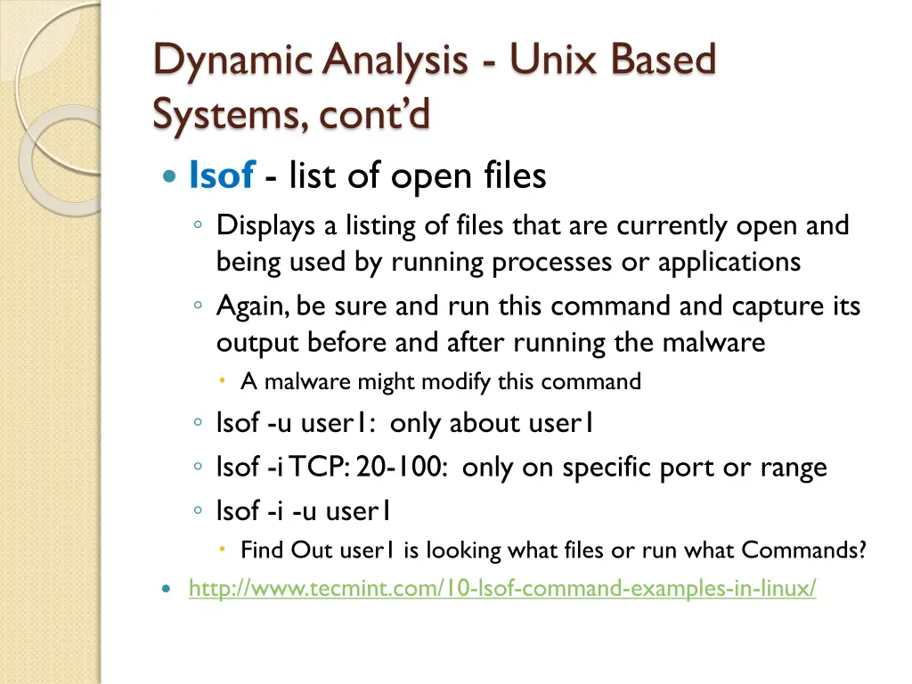 dynamic analysis unix based systems cont d lsof