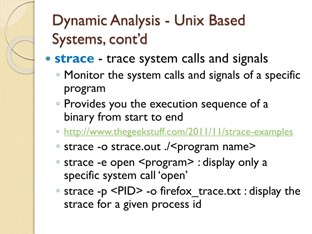 dynamic analysis unix based systems cont d strace