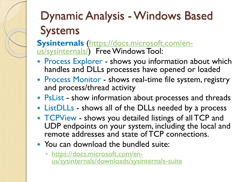 dynamic analysis windows based systems