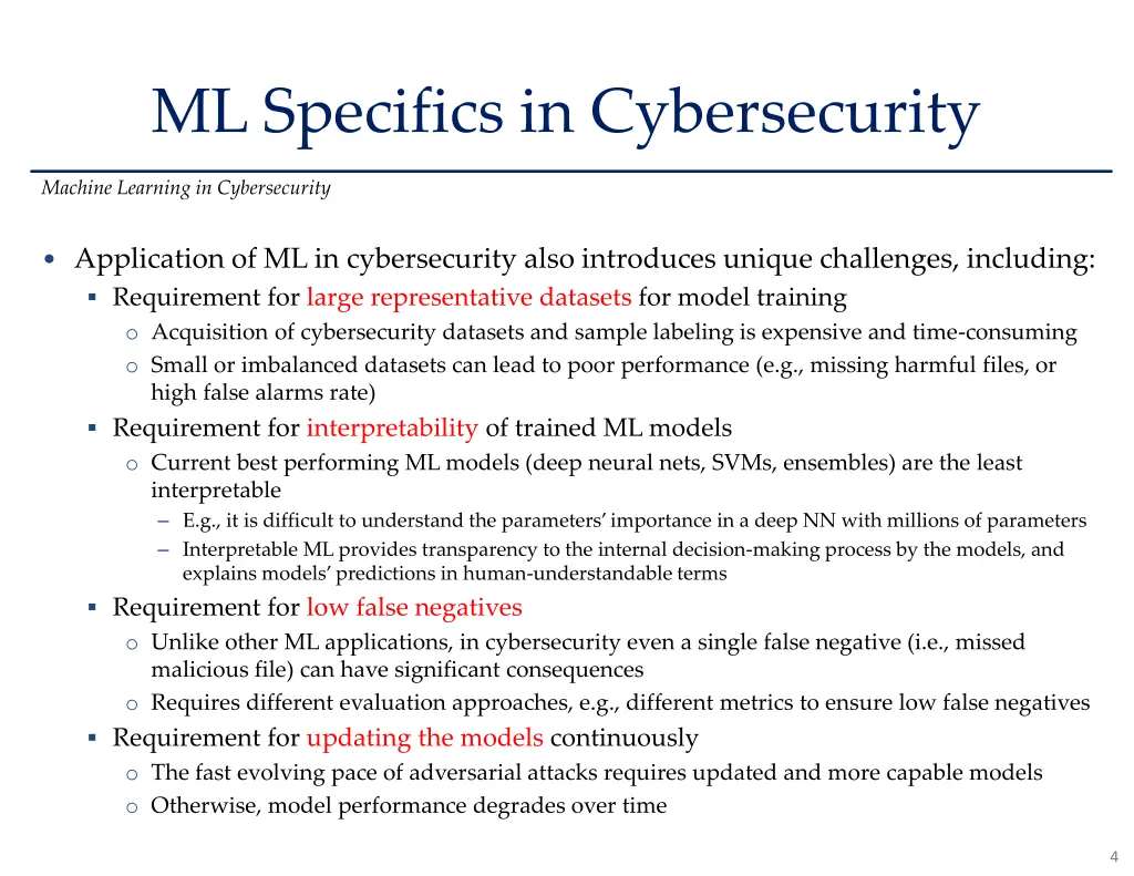 ml specifics in cybersecurity