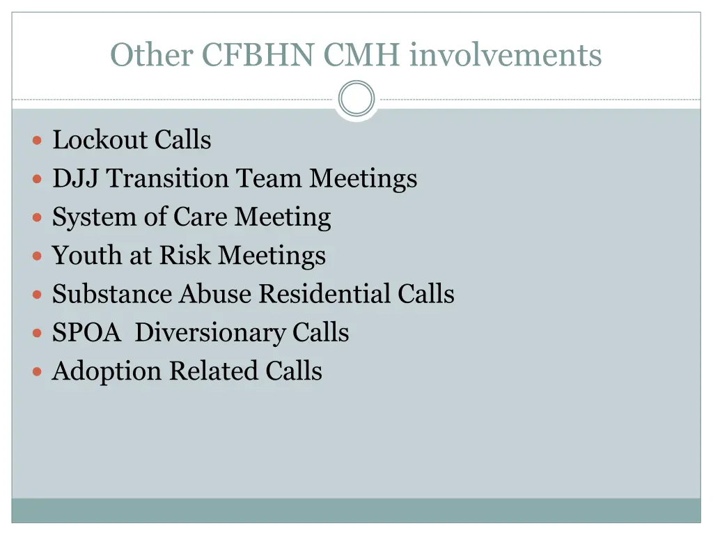 other cfbhn cmh involvements