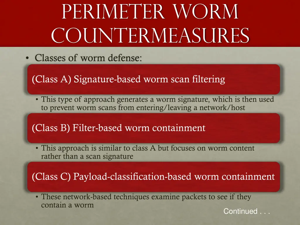 perimeter worm countermeasures classes of worm