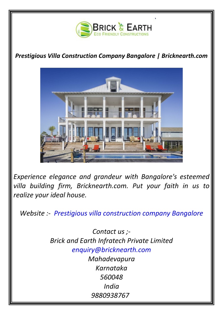 prestigious villa construction company bangalore