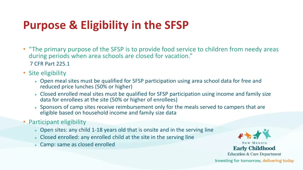 purpose eligibility in the sfsp