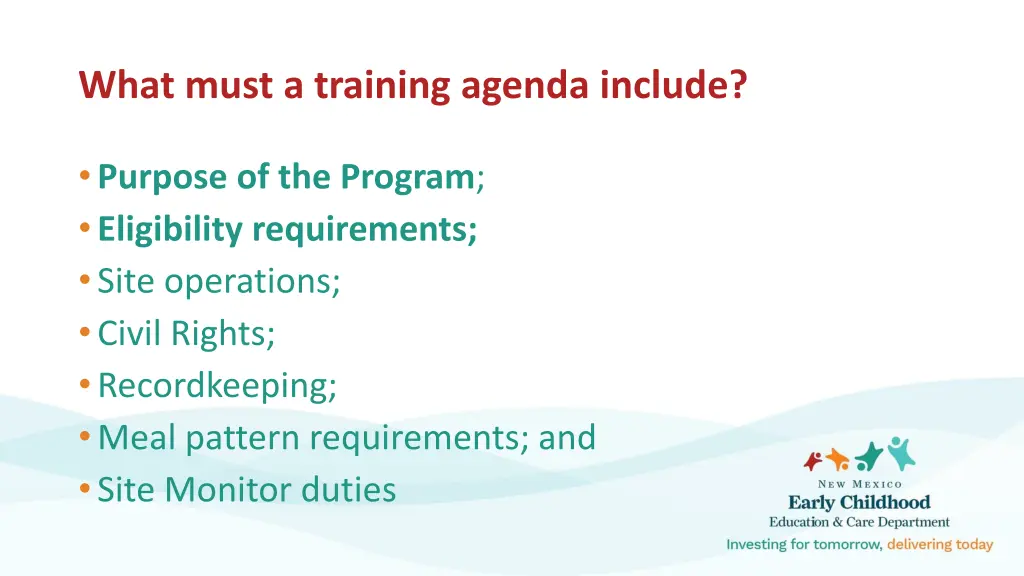 what must a training agenda include