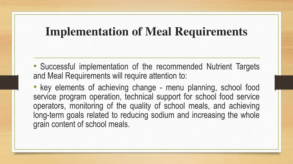 implementation of meal requirements