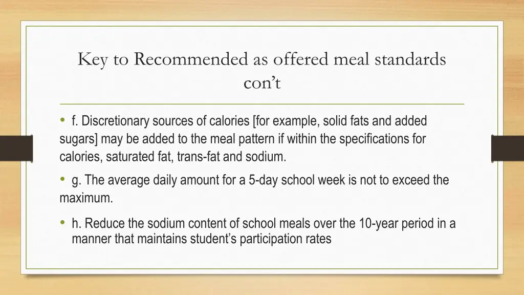 key to recommended as offered meal standards con t