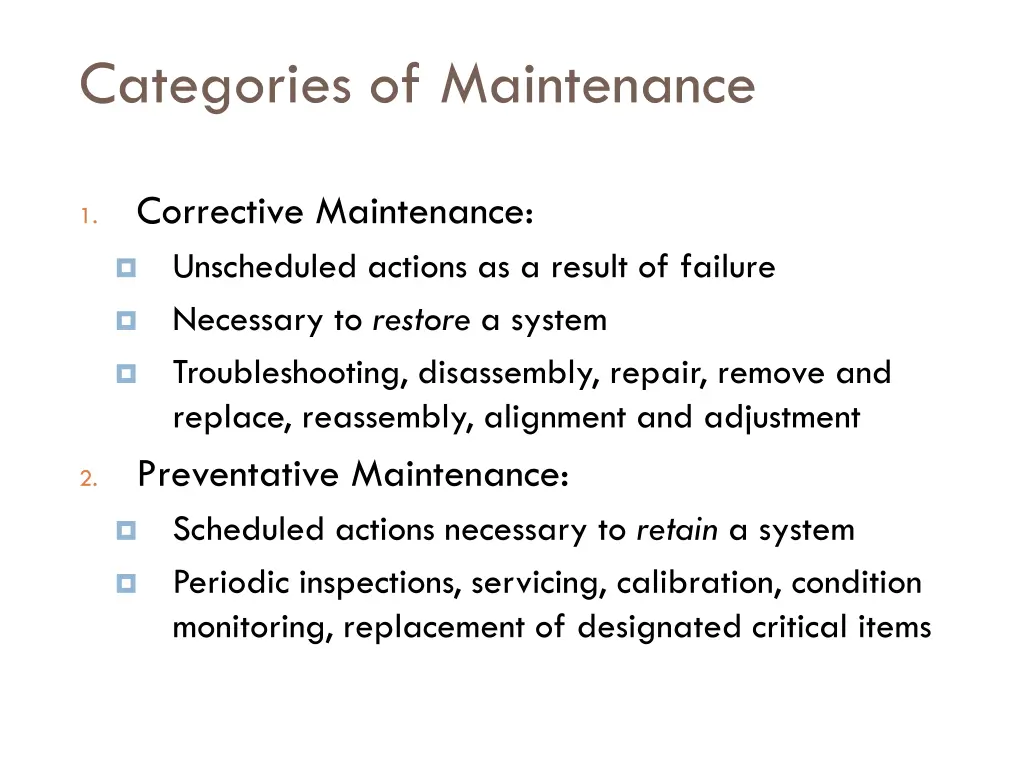 categories of maintenance