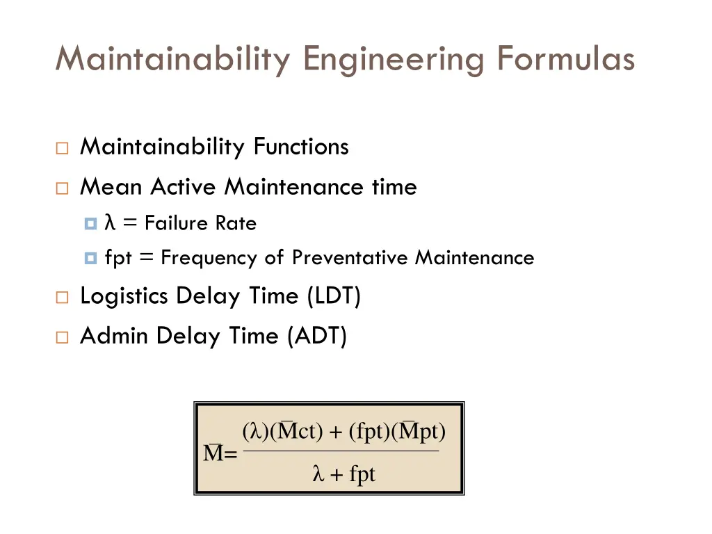 maintainability engineering formulas