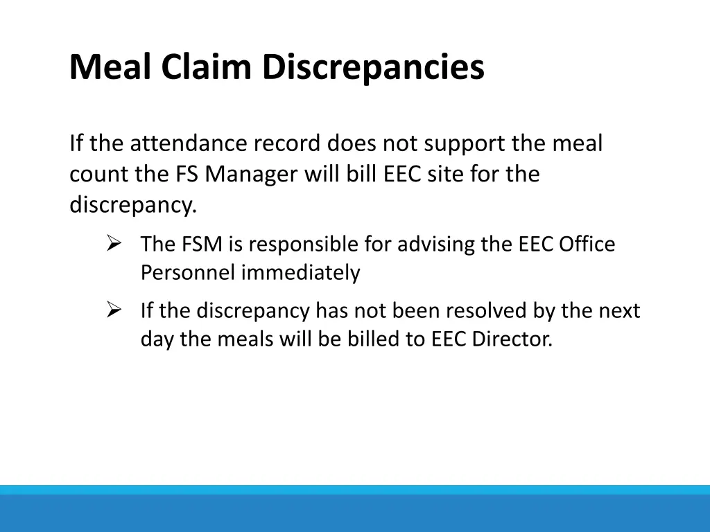 meal claim discrepancies